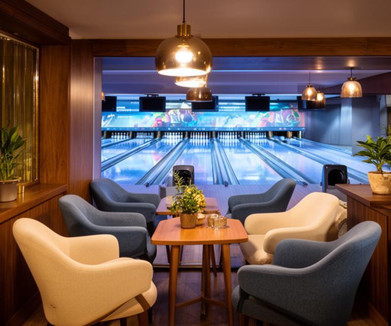 Gemütliche Sitzecke im Bistrobereich mit Blick auf die Bowlingbahnen und warmem Licht